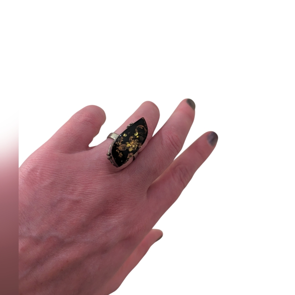 Amber silver ring adjustable aize